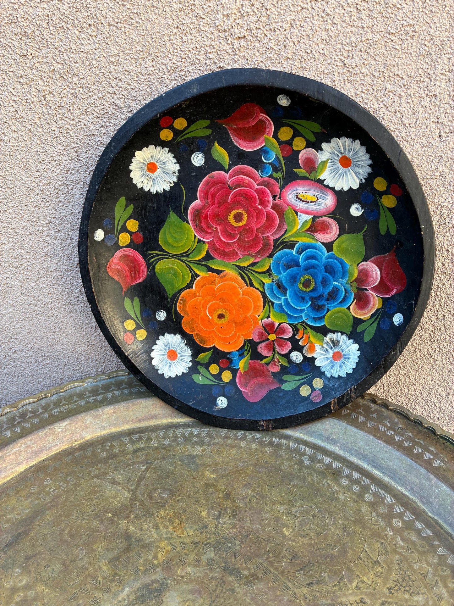 Old Mexican Batra Handpainted wood Decorative Tray 13”