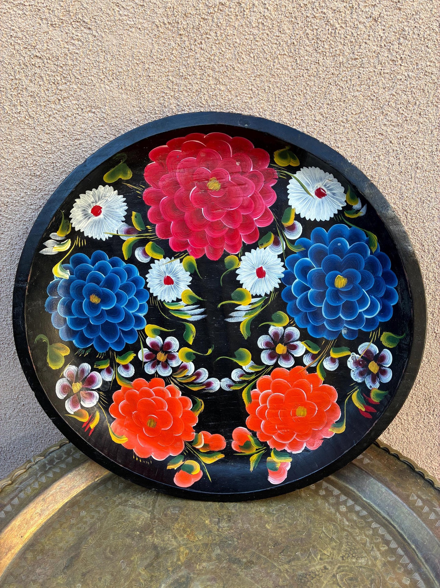 Old Mexican Batra Handpainted wood Decorative Tray 17.5” Large