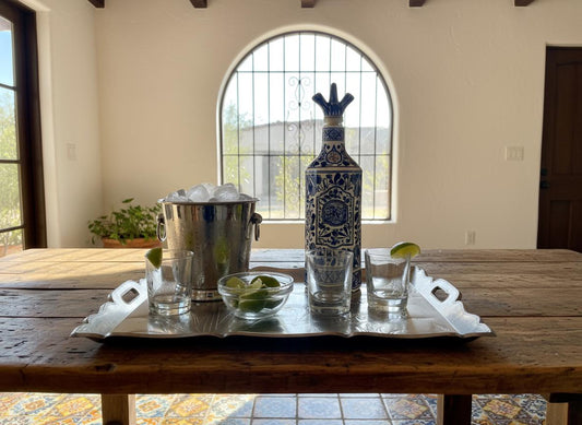 Mexican Folk Art Tray Hammered Aluminum Mexican Scene.