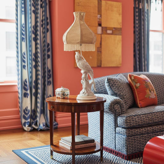 Hollywood Regency Cockatoo Lamp Italian “Blanc de Chine” with Woven Shade Vintage