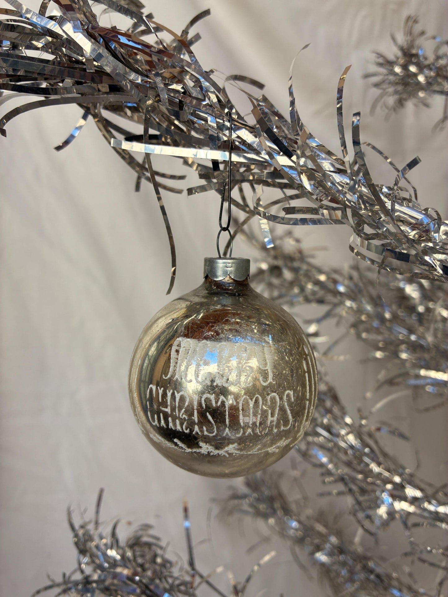 1960’s by Noelle, 20 Glass Silver Stenciled Ornaments 2 boxes of 10, Merry Christmas, Santa on his Sleigh and plain.