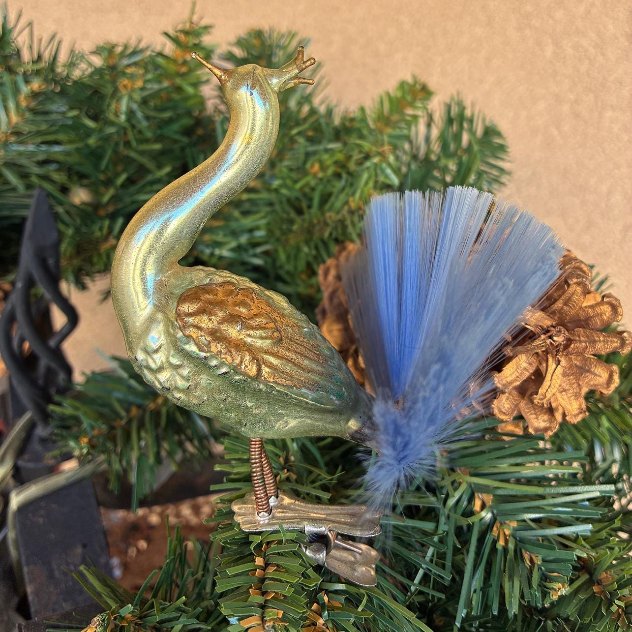 1900’s German Rare Peacock Bird Clip Ornament Spun Glass Tail