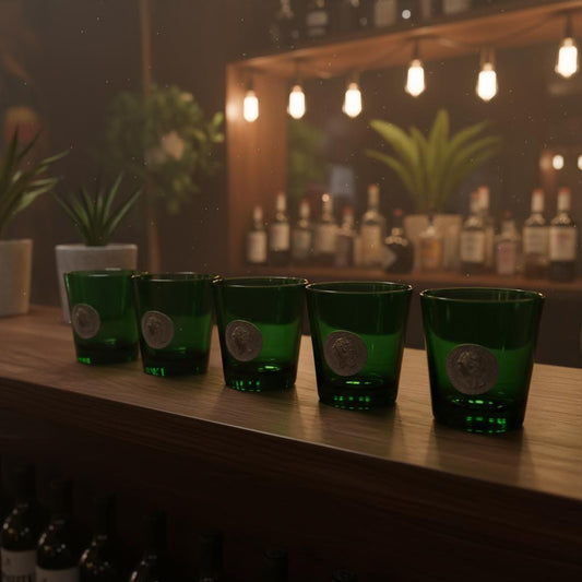 Mid Century Italian Green Glasses with Solver Medallion Faces of French Kings Made in Italy for Byrrh promotion Vermouth