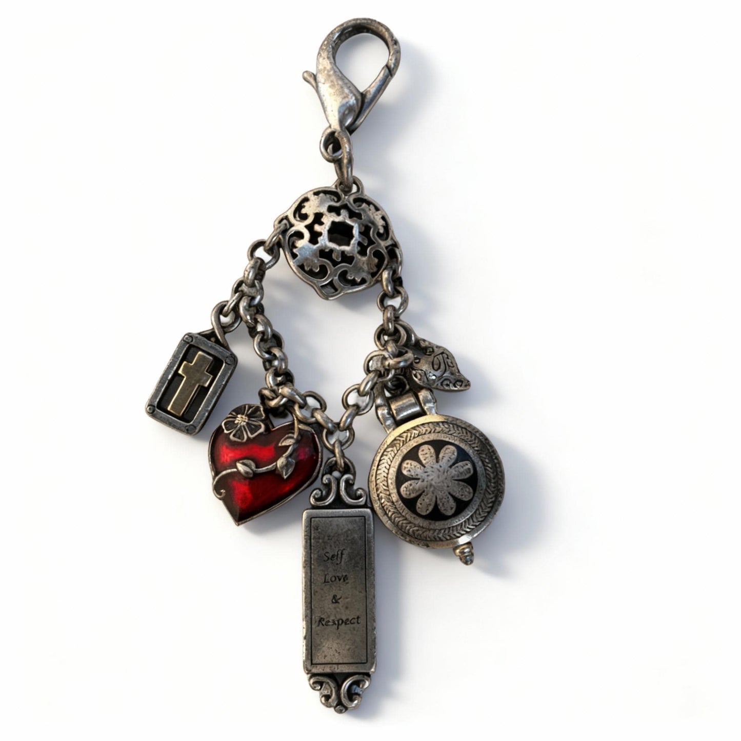 Brighton Bag Purse Charms “Self Love and Respect” Locket, Crosses and Enamel Hearts