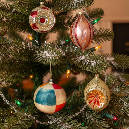 Vintage Jumbo Fantasia Set of 4 Glass Ornaments Indents, Hand Blown and Painted