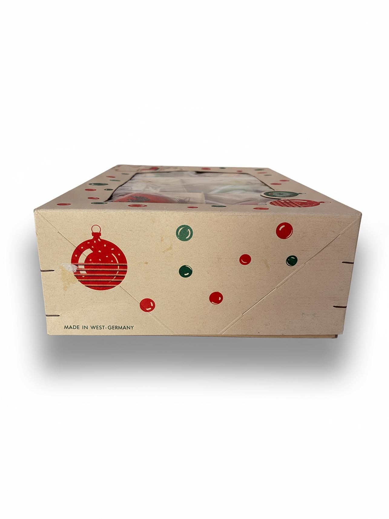 Box of 6 Vintage Glass Christmas Ornaments West-German Hand Blown Original Box Indent