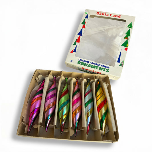 Vintage Striped Glitter Tear Drop Christmas Ornaments MCM 1960 Poland Retro Atomic Holiday Decor Set 6
