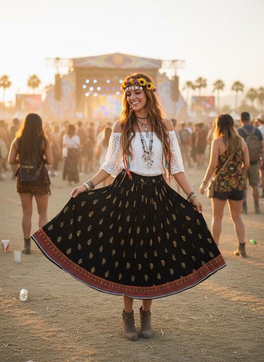 Vintage India Block Print Broomstick Cotton Skirt