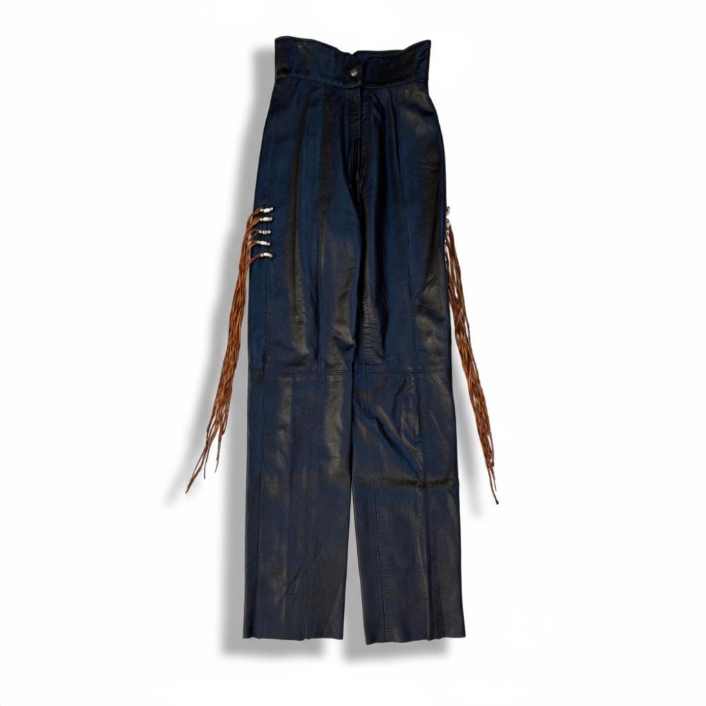 Patricia Wolf Western Leather Pants Beads and Fringe High Waist Austin Texas Made Vintage 90’s