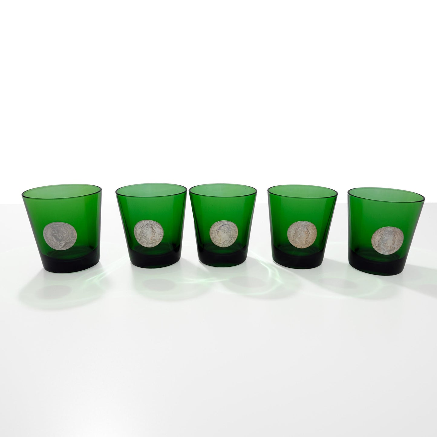 Mid Century Italian Green Glasses with Solver Medallion Faces of French Kings Made in Italy for Byrrh promotion Vermouth