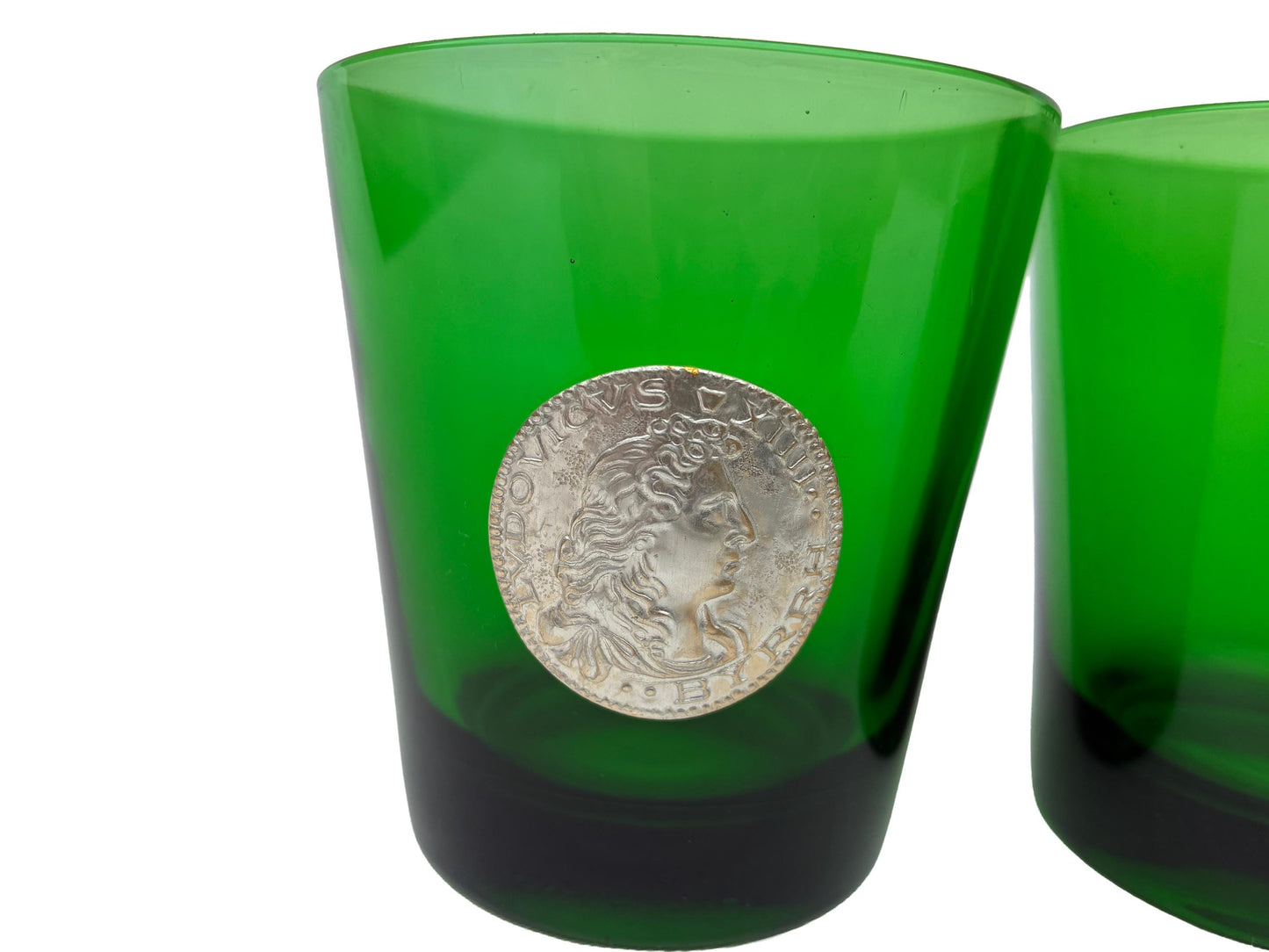 Mid Century Italian Green Glasses with Solver Medallion Faces of French Kings Made in Italy for Byrrh promotion Vermouth