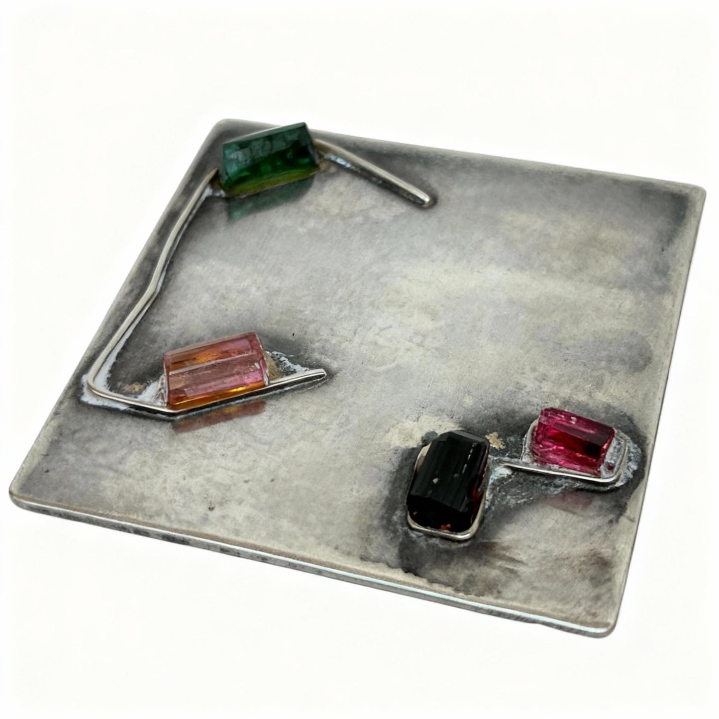 Modernist Artisan Silver Metal Brooch with Fused Tourmaline Stones