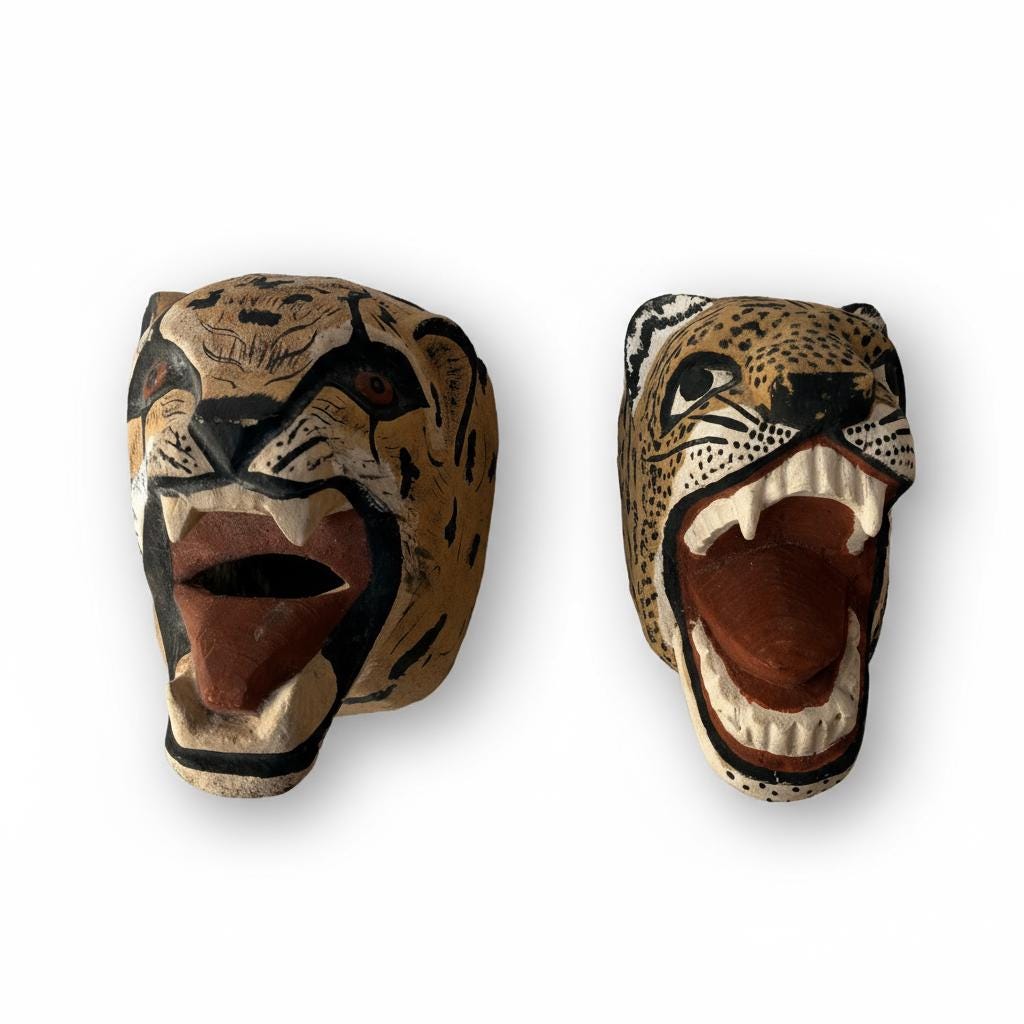 Mexican Vintage Folk Art Jaguar Masks.