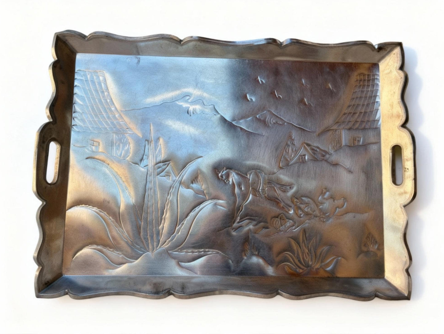 Mexican Folk Art Tray Hammered Aluminum Mexican Scene.