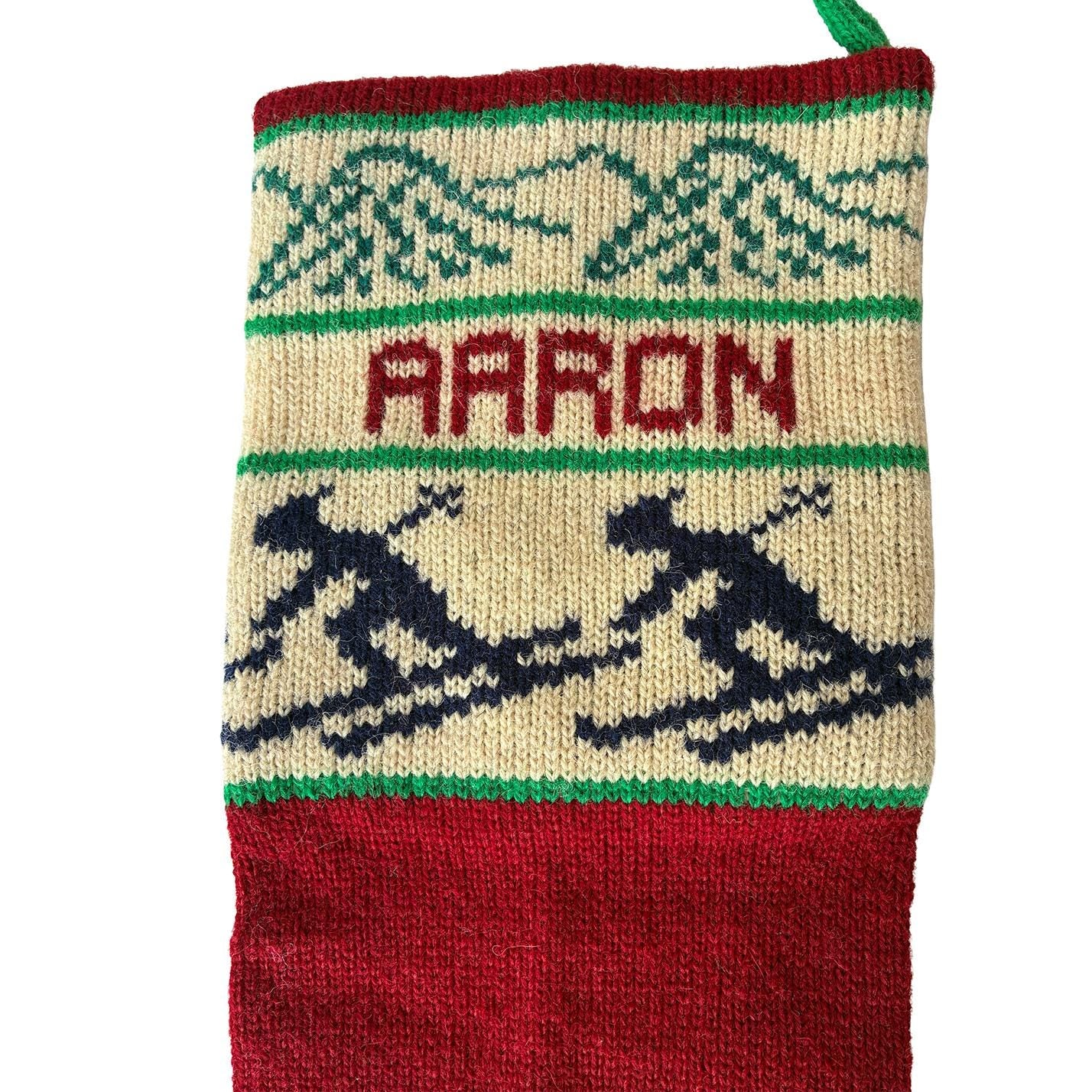 Vintage Christmas Stocking Wool Skiers “AARON”by Specialties in Wool 1986 Vermont Large