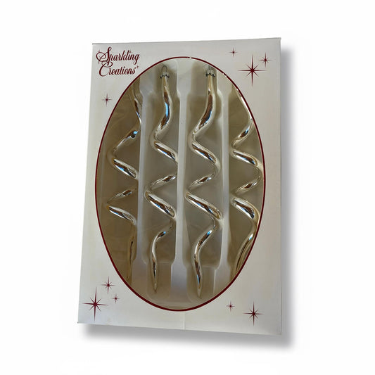 Krebs Silver 8” Icicle Christmas Ornaments Set of 8 Corkscrew Mercury Glass Vintage