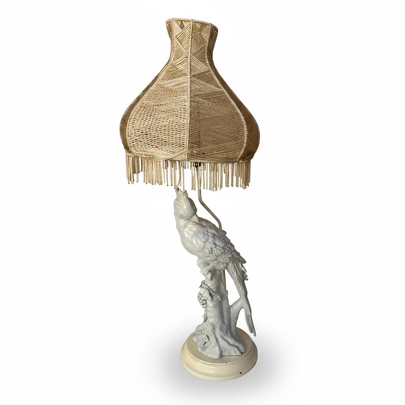 Hollywood Regency Cockatoo Lamp Italian “Blanc de Chine” with Woven Shade Vintage
