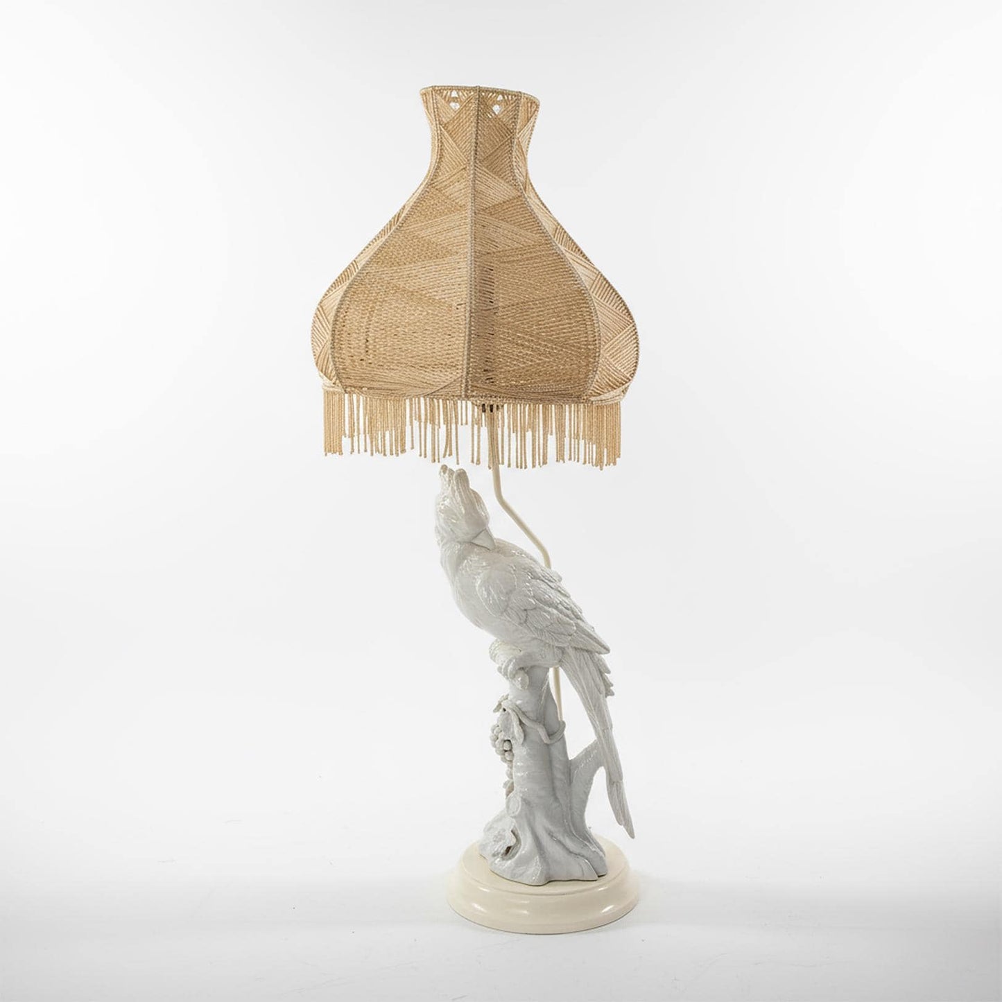 Hollywood Regency Cockatoo Lamp Italian “Blanc de Chine” with Woven Shade Vintage