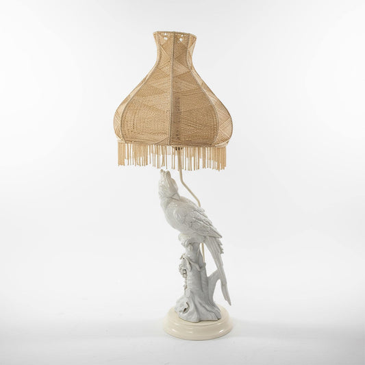 Hollywood Regency Cockatoo Lamp Italian “Blanc de Chine” with Woven Shade Vintage