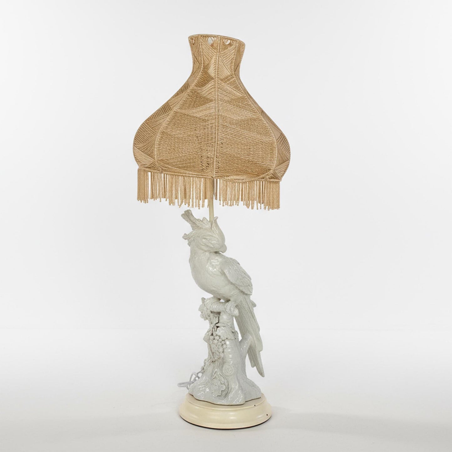 Hollywood Regency Cockatoo Lamp Italian “Blanc de Chine” with Woven Shade Vintage