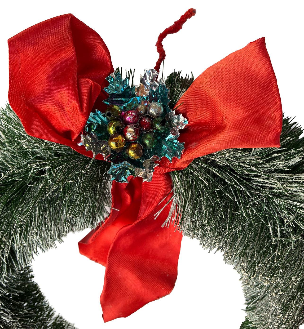 Vintage Bottle Brush Wreath Flocked with Ribbon and Glass and Plastic Balls