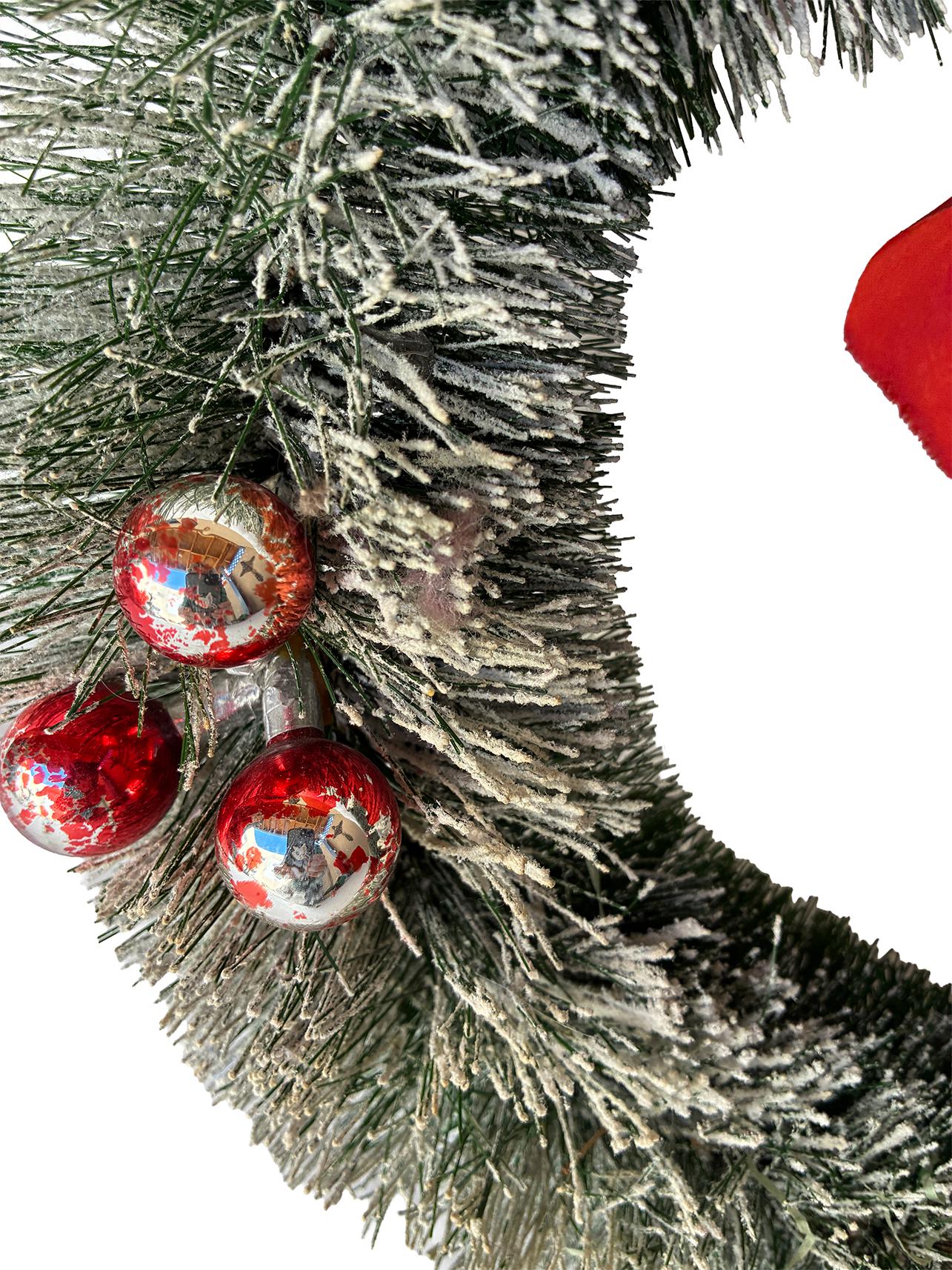 Vintage Bottle Brush Wreath Flocked with Ribbon and Glass and Plastic Balls