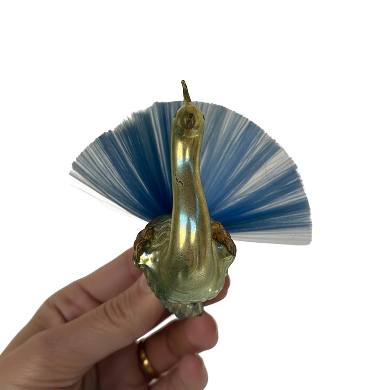 1900’s German Rare Peacock Bird Clip Ornament Spun Glass Tail