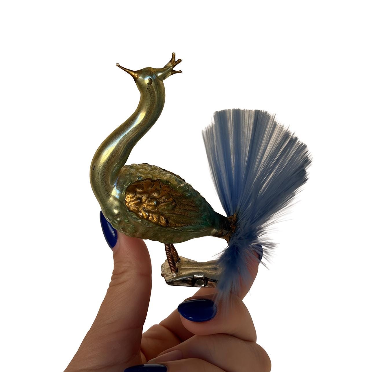 1900’s German Rare Peacock Bird Clip Ornament Spun Glass Tail
