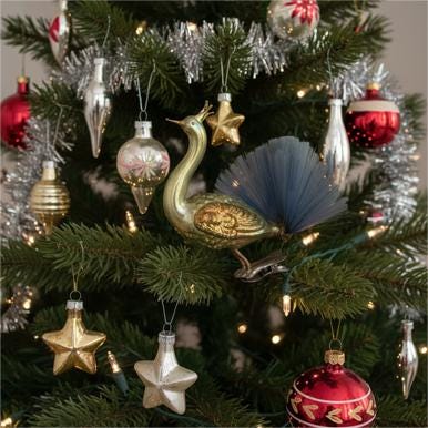 1900’s German Rare Peacock Bird Clip Ornament Spun Glass Tail