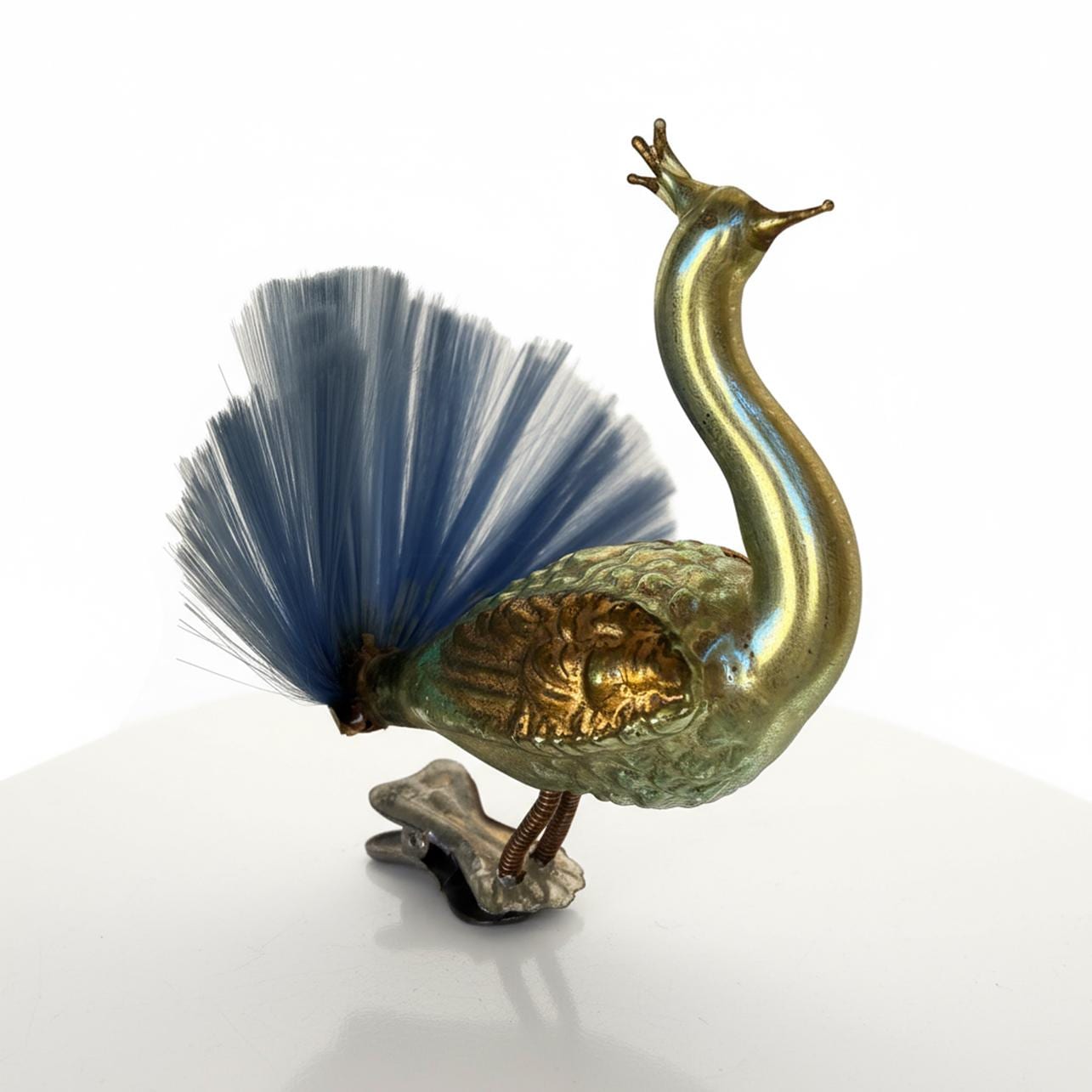 1900’s German Rare Peacock Bird Clip Ornament Spun Glass Tail