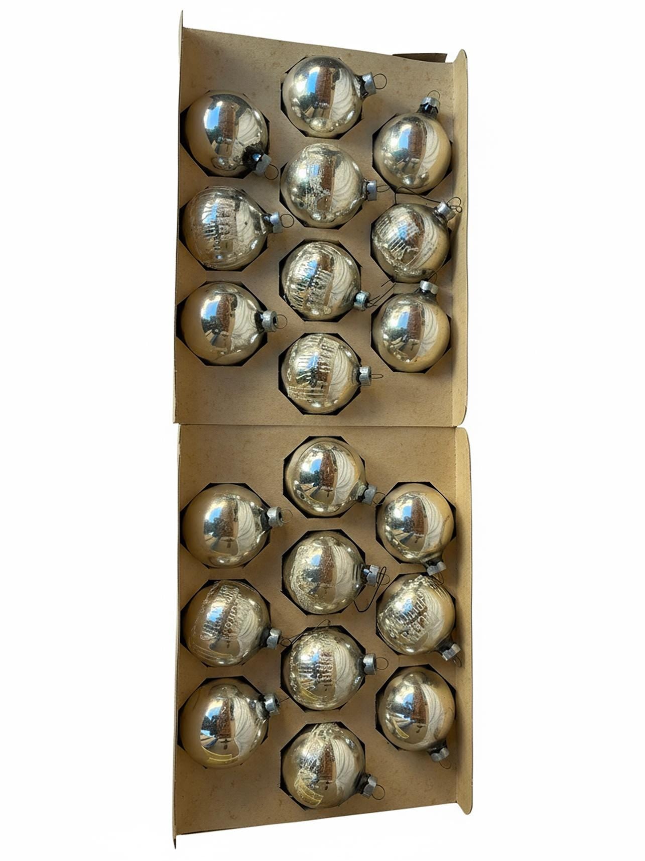 1960’s by  Noelle, 20 Glass Silver Stenciled Ornaments 2 boxes of 10, Merry Christmas, Santa on his Sleigh and plain.