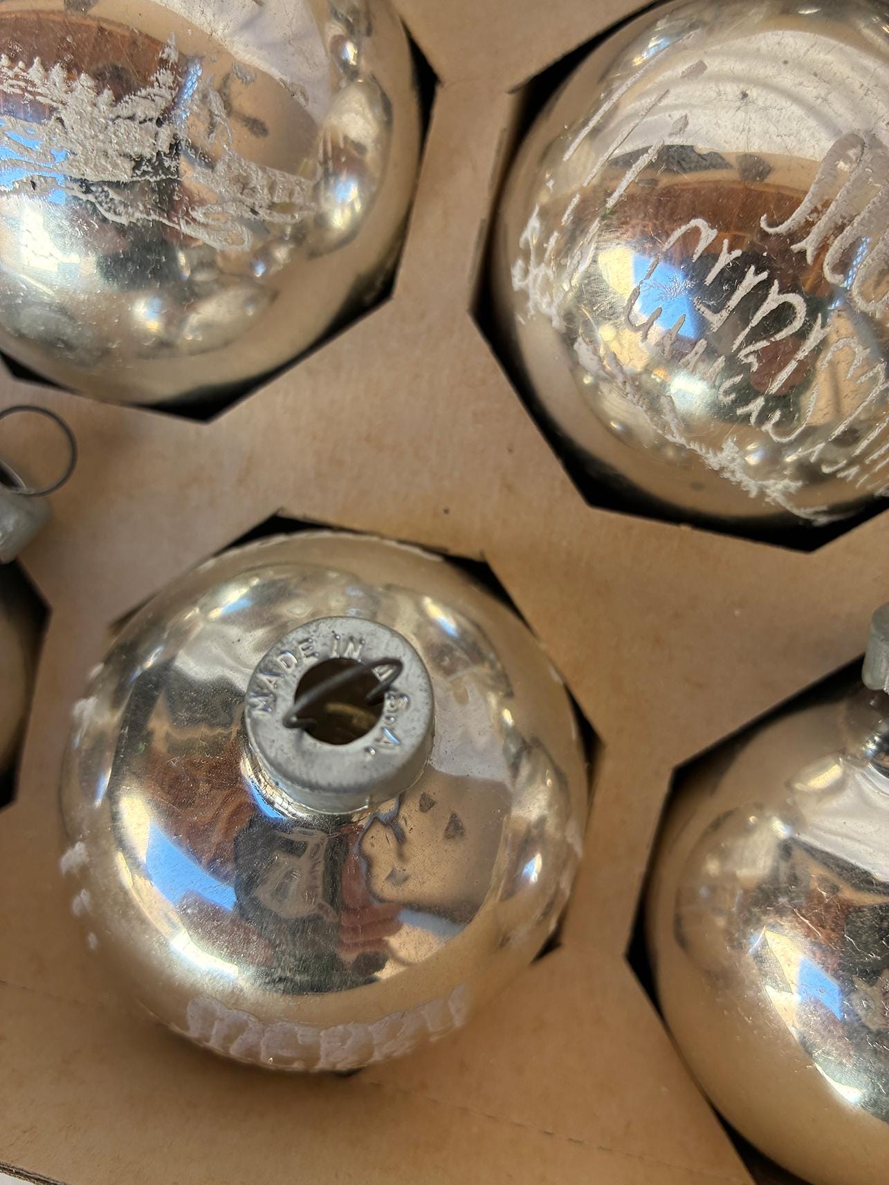 1960’s by  Noelle, 20 Glass Silver Stenciled Ornaments 2 boxes of 10, Merry Christmas, Santa on his Sleigh and plain.