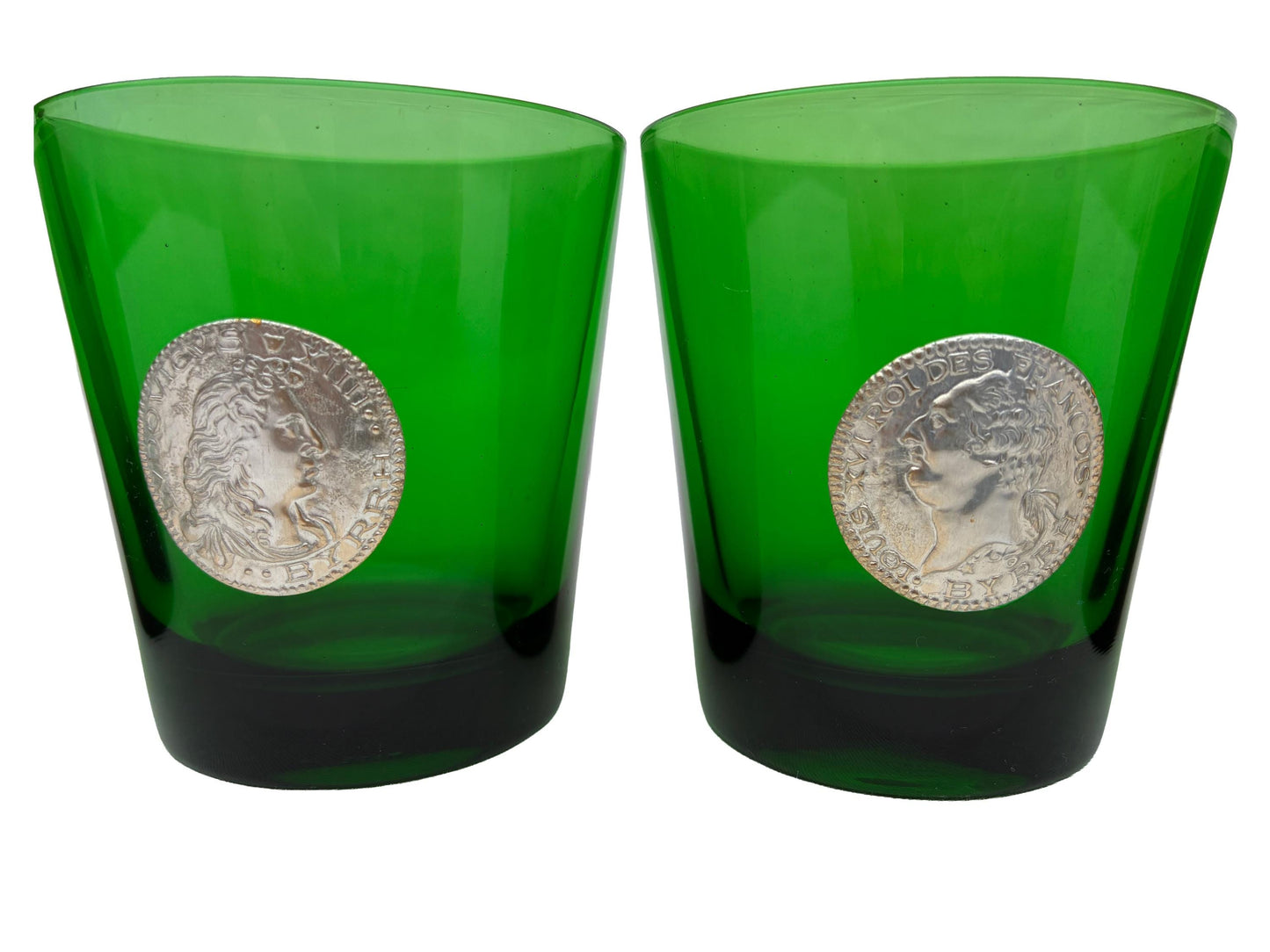 Mid Century Italian Green Glasses with Solver Medallion Faces of French Kings Made in Italy for Byrrh promotion Vermouth