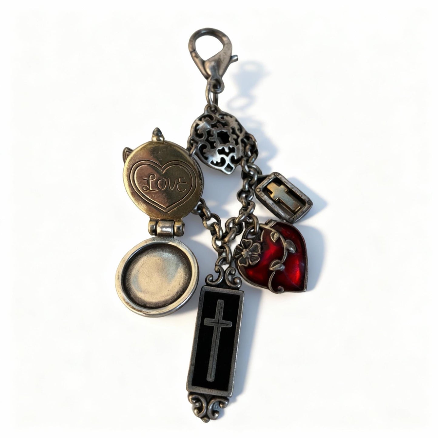 Brighton Bag Purse Charms “Self Love and Respect” Locket, Crosses and Enamel Hearts