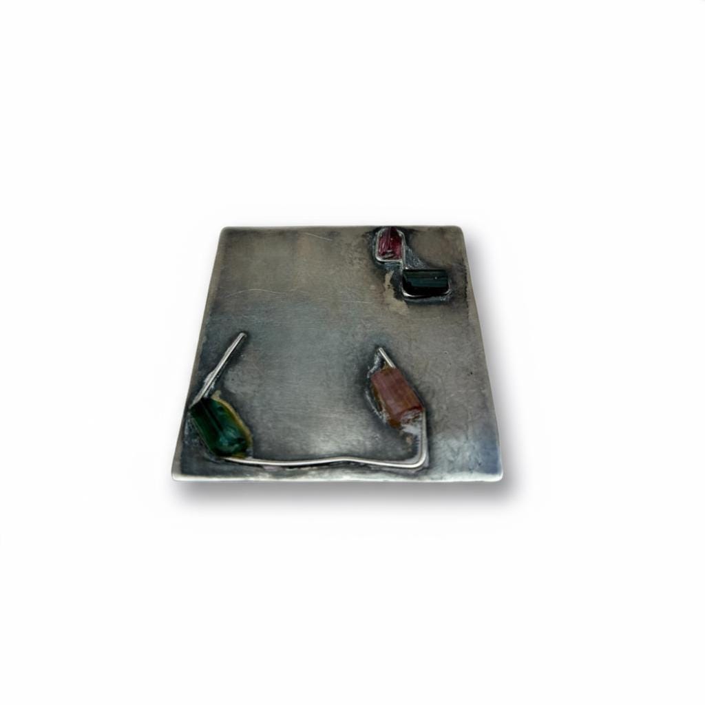Modernist Artisan Silver Metal Brooch with Fused Tourmaline Stones