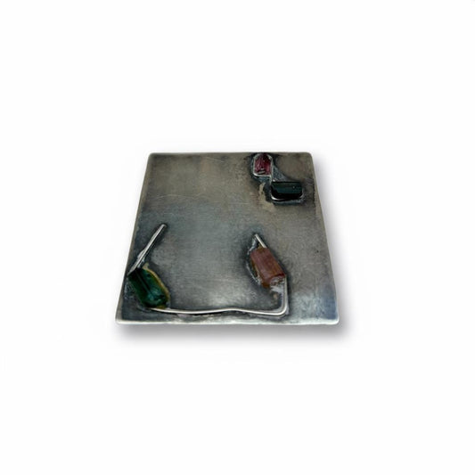 Modernist Artisan Silver Metal Brooch with Fused Tourmaline Stones