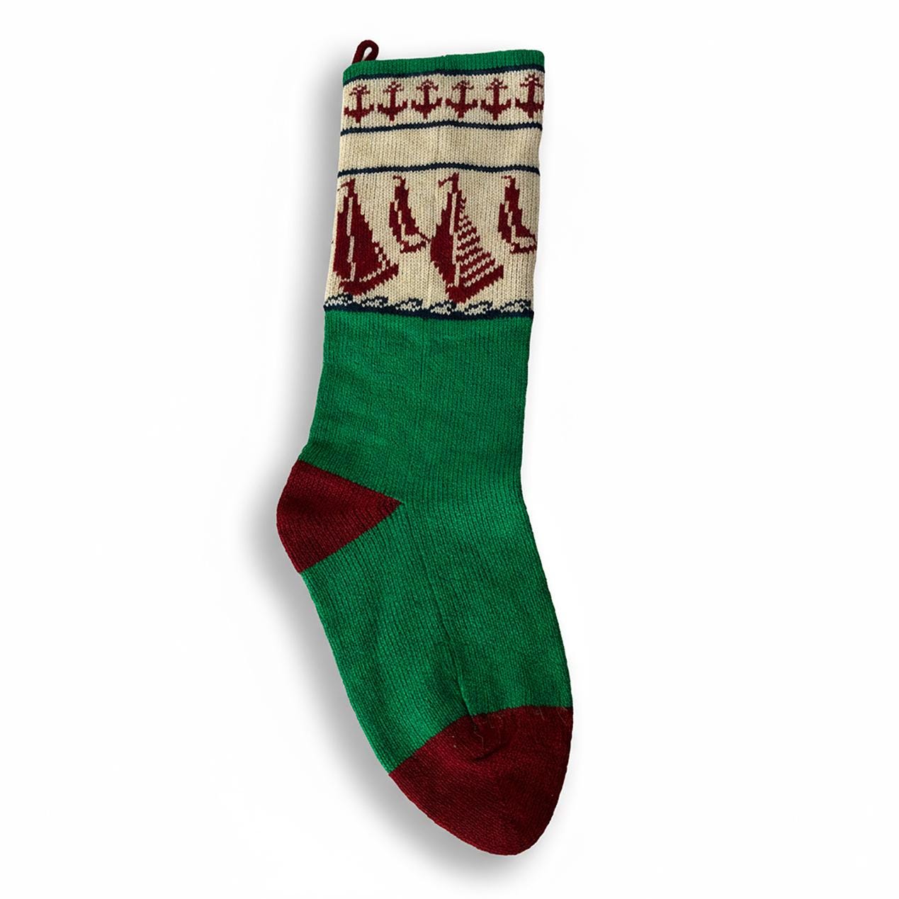 Vintage Christmas Stocking Wool Sailboat Nautical Theme by Specialties in Wool 1986 Vermont Large