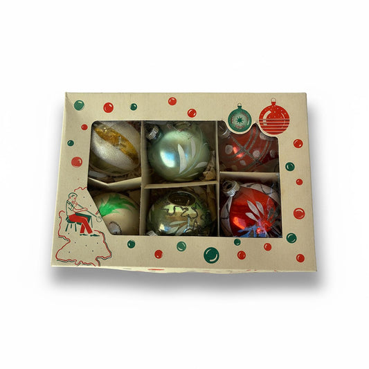 Box of 6 Vintage Glass Christmas Ornaments West-German Hand Blown Original Box Indent