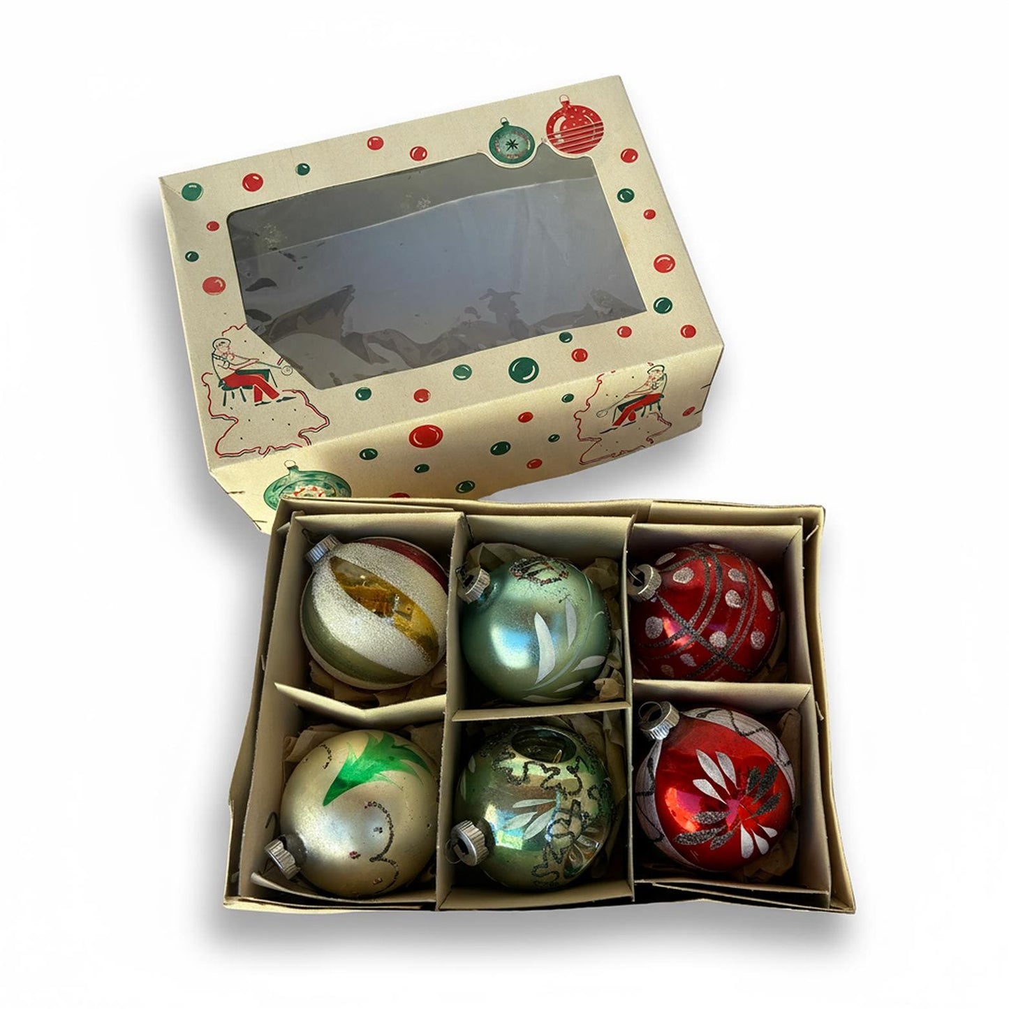 Box of 6 Vintage Glass Christmas Ornaments West-German Hand Blown Original Box Indent