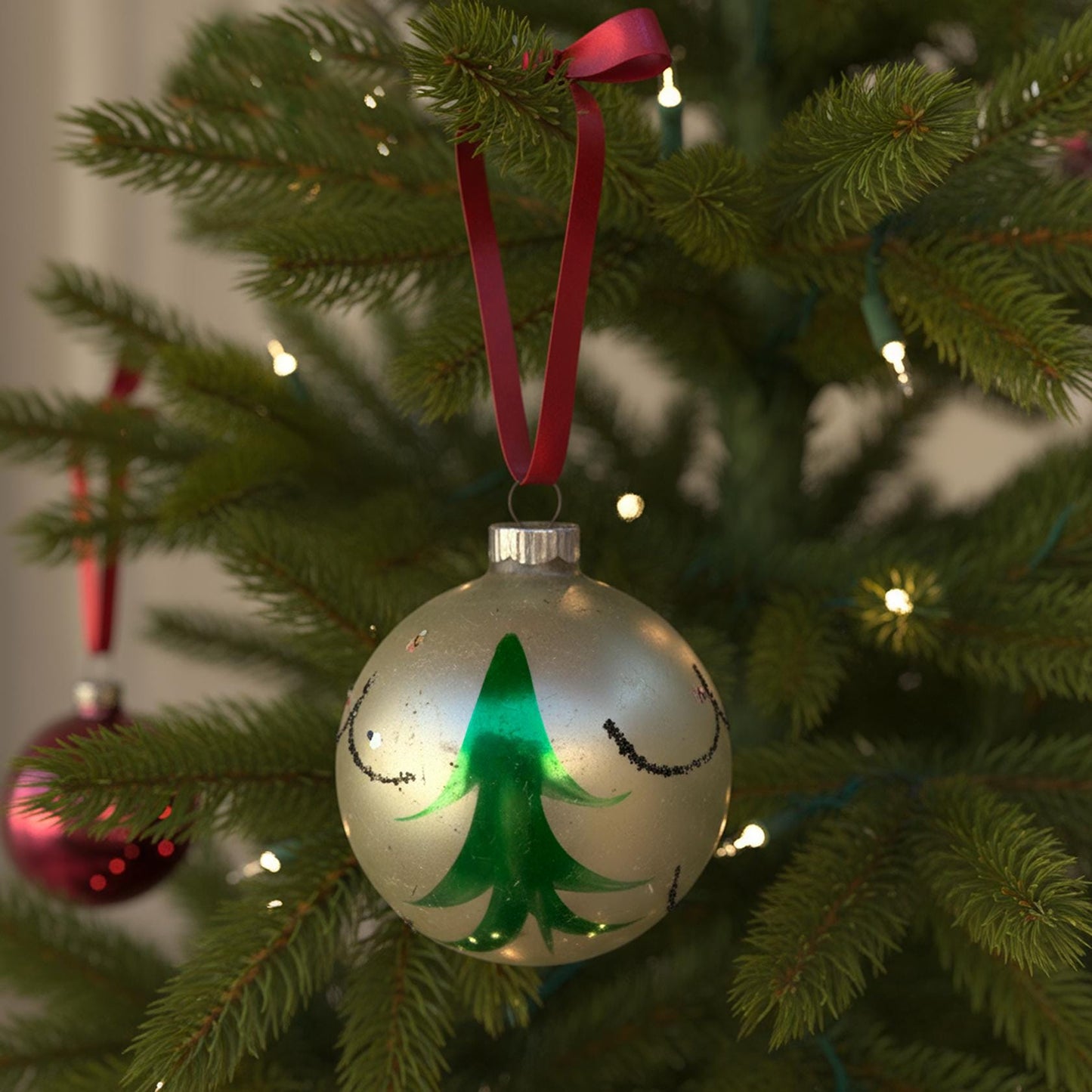 Box of 6 Vintage Glass Christmas Ornaments West-German Hand Blown Original Box Indent