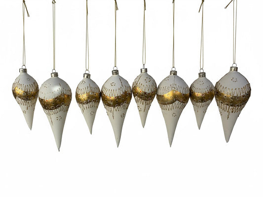 8 Vintage Glass Ornaments Tear Drop Hand blown and Painted Made in Romania