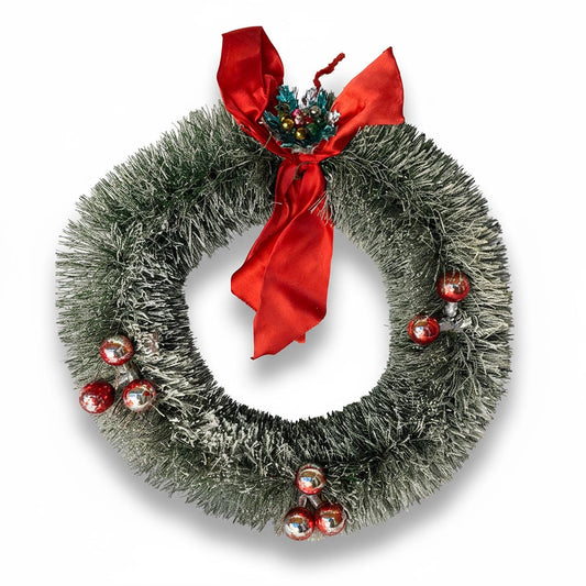 Vintage Bottle Brush Wreath Flocked with Ribbon and Glass and Plastic Balls