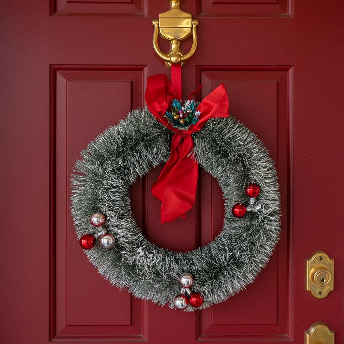 Vintage Bottle Brush Wreath Flocked with Ribbon and Glass and Plastic Balls