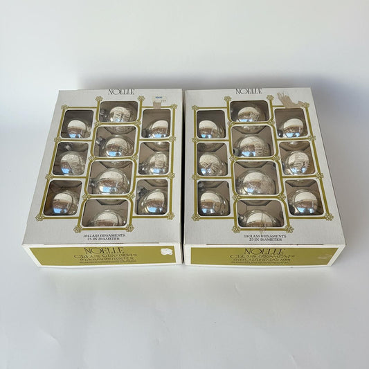 1960’s by  Noelle, 20 Glass Silver Stenciled Ornaments 2 boxes of 10, Merry Christmas, Santa on his Sleigh and plain.