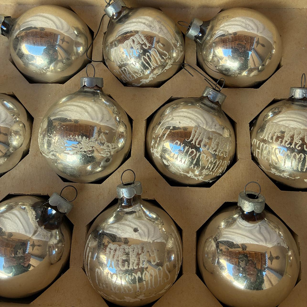 1960’s by  Noelle, 20 Glass Silver Stenciled Ornaments 2 boxes of 10, Merry Christmas, Santa on his Sleigh and plain.