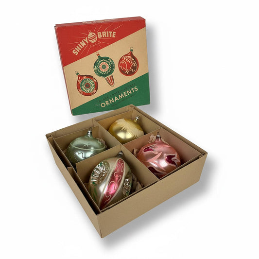 Vintage Jumbo Shiny Brite Set of 4 Glass Ornaments in Original Box West Germany made
