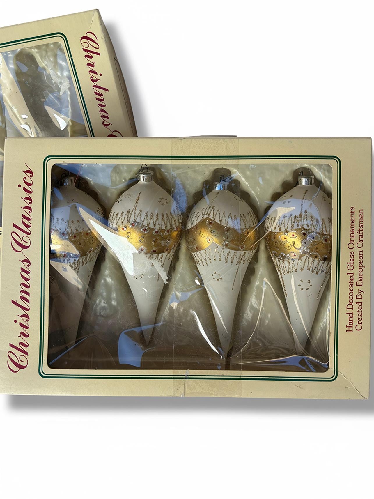 8 Vintage Glass Ornaments Tear Drop Hand blown and Painted Made in Romania