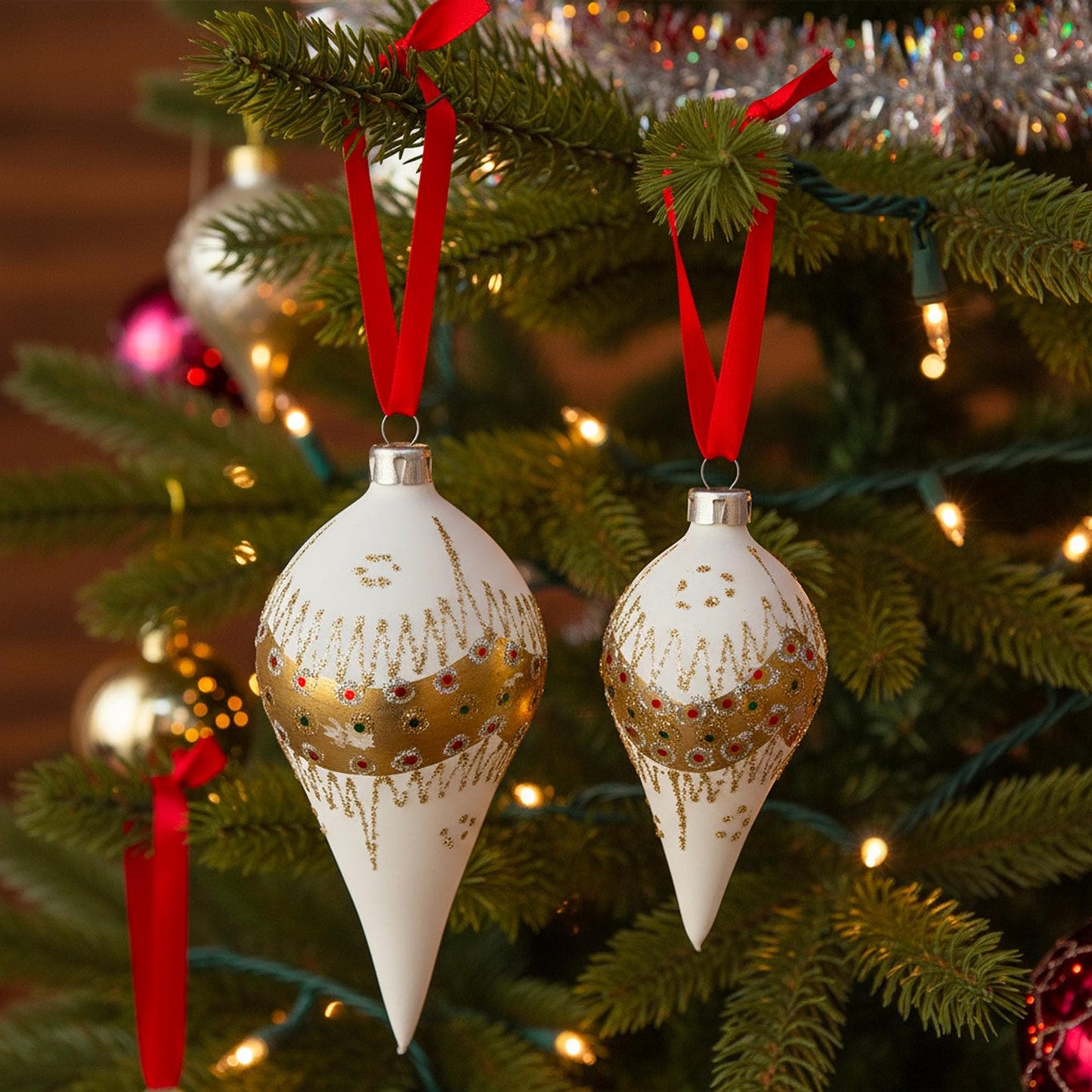 8 Vintage Glass Ornaments Tear Drop Hand blown and Painted Made in Romania