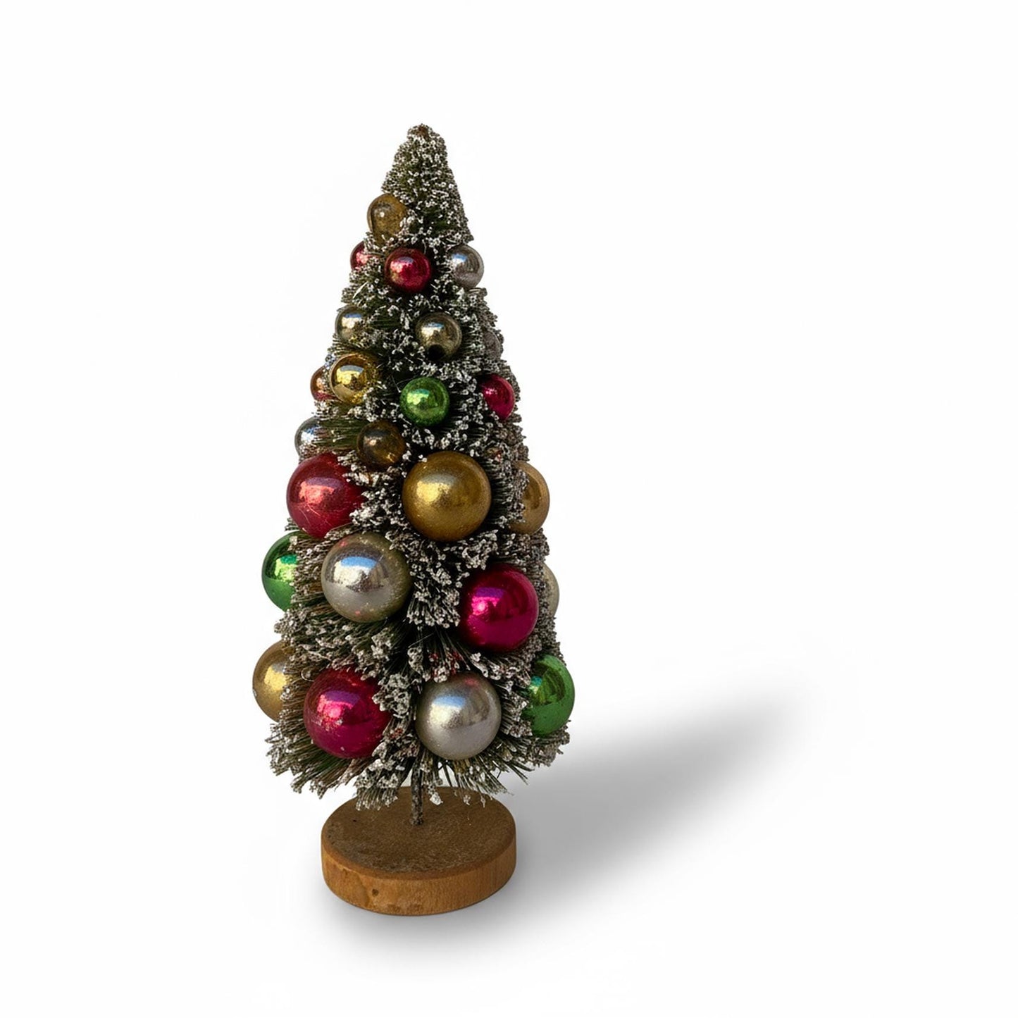 Vintage 8.5” Bottle Brush Christmas Tree Flocked By Napco Original Japan Label Glass Balls