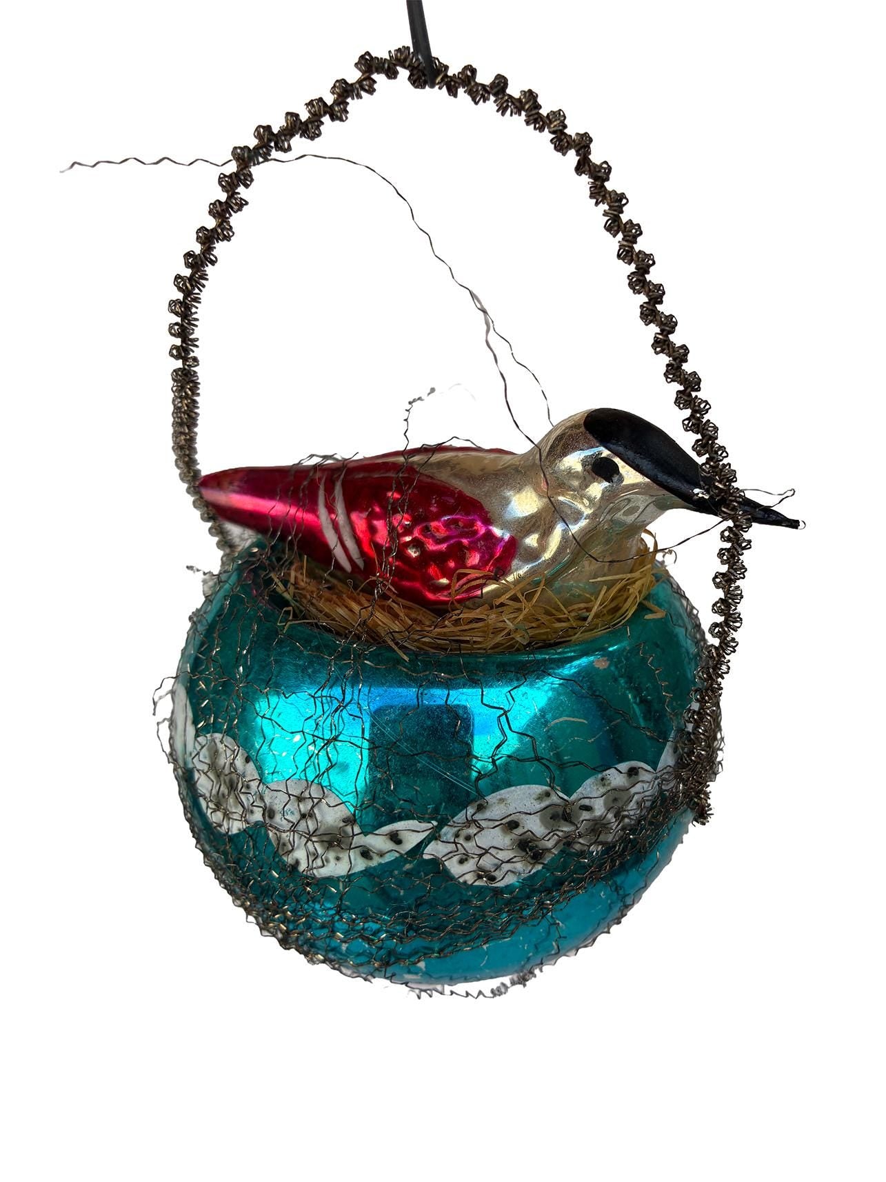 Old German Wire Wraped Glass Bird Nest with straw